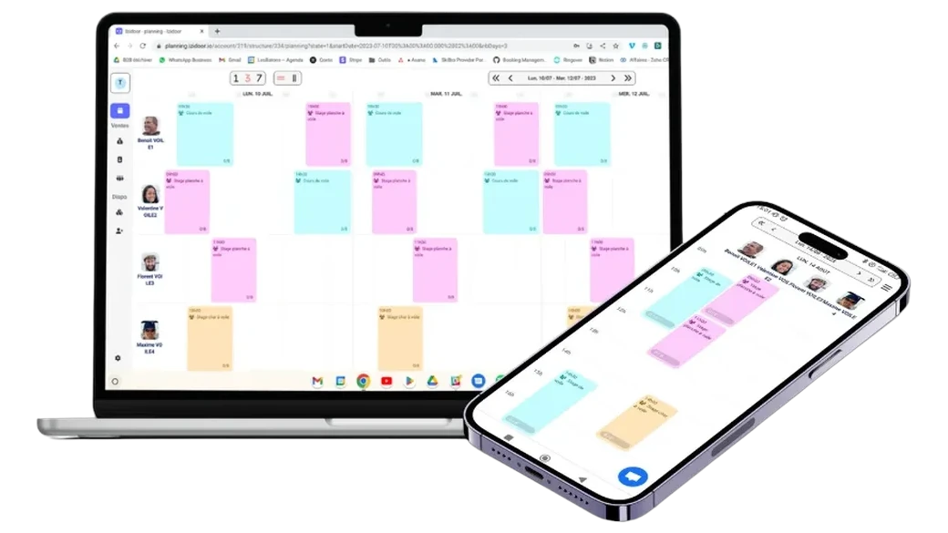 Planning Izidoor sur ordinateur et sur téléphone : créneaux réservés par moniteur et par jour