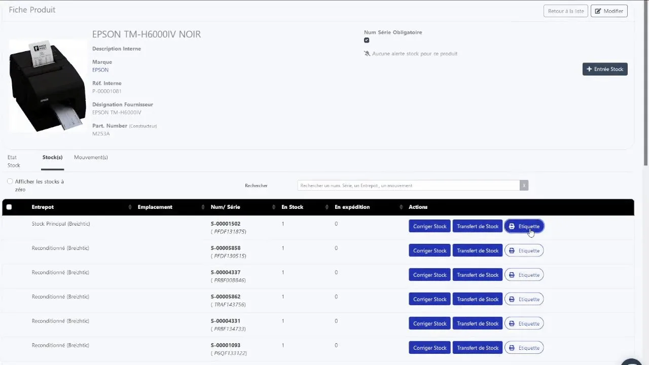 Fiche produit de StockPME : stock par entrepôt, numéros de série, boutons de transfert et d’étiquette